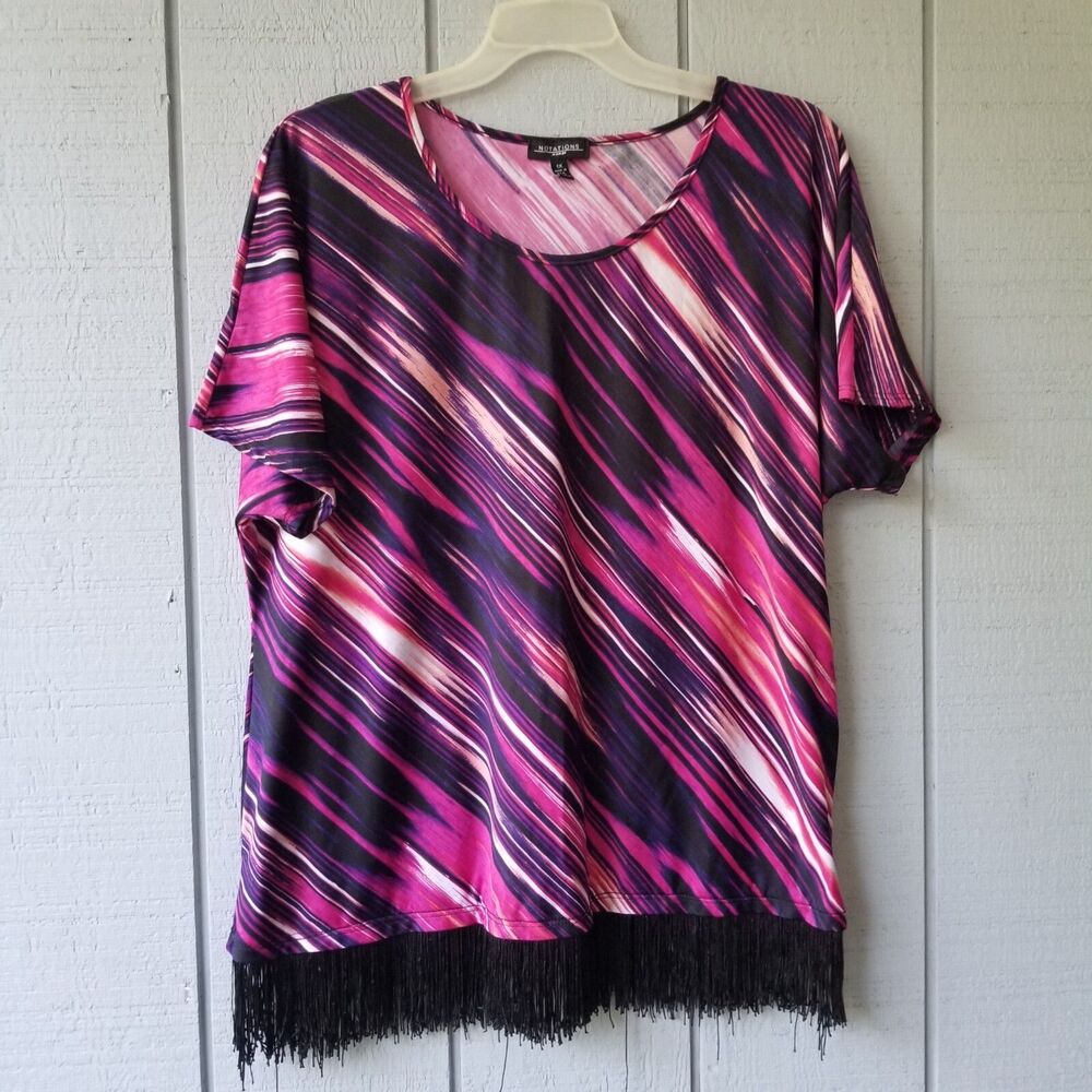 Notations Top Womens 1X Black Pink Purple Fringe Hem Plus Size Pullover Blouse